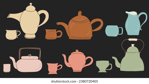 Teacup und Teapot Kollektion. Handgezeichnete Cartoon Vintage Küchenwerkzeuge Set. Retro-Kaffee, Teekanne und Tasse, Wasserkeramik. Stakeholder-Elemente. Gemütliche süße, hellblaue Vektorgrafik einzeln auf Schwarz