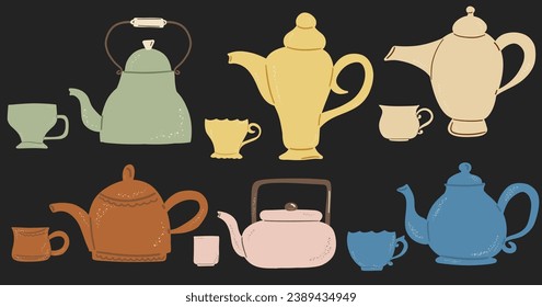 Teacup und Teapot Kollektion. Handgezeichnete Cartoon Vintage Küchenwerkzeuge Set. Retro-Kaffee, Teekanne und Tasse, Wasserkeramik. Stakeholder-Elemente. Gemütliche süße, hellblaue Vektorgrafik einzeln auf Schwarz