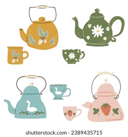 Teacup and Teapot collection. Hand drawn cartoon vintage kitchen tools set. Retro coffee, tea pot and cup, kettle ceramic. Householding elements. Cozy cute hygge vector illustration isolated on white