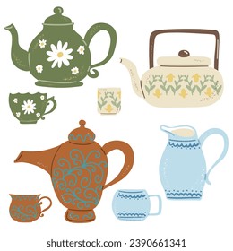 Colección Teacup y Teapot. Juego de herramientas de cocina vintage con dibujos a mano. Café retro, tetera y taza, hervidor de cerámica. Elementos domésticos. Ilustración vectorial acogedora linda de hidrógeno aislada en blanco