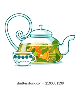 Teacup, teapot with green tea and orange vector isolated on white background. Hot green tea kettle. Flat style drink illustration
