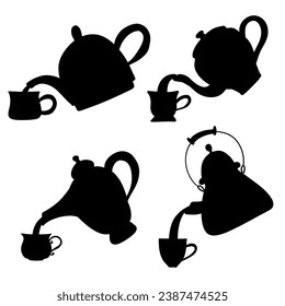Teacup and Teapot pouring collection. Hand drawn cartoon vintage kitchen tools set. Retro coffee, tea pot and cup pour, kettle ceramic. Householding elements. Silhouette vector illustration isolated