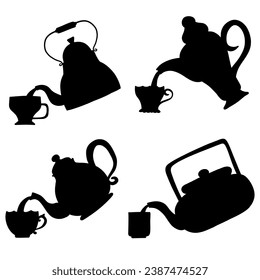 Teacup and Teapot pouring collection. Hand drawn cartoon vintage kitchen tools set. Retro coffee, tea pot and cup pour, kettle ceramic. Householding elements. Silhouette vector illustration isolated