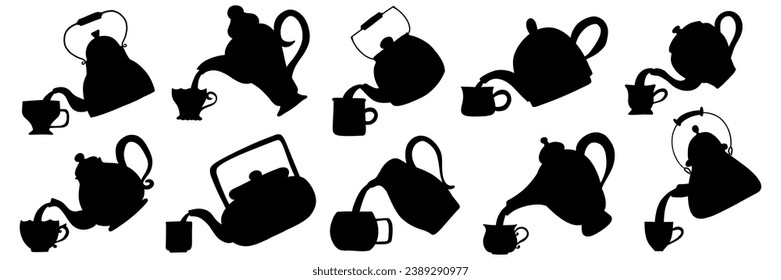 Colección de pedazos de Teacup y Teapot. Juego de herramientas de cocina vintage con dibujos a mano. Café retro, tetera y taza para verter, hervidor de cerámica. Elementos domésticos. Ilustración vectorial de silueta aislada