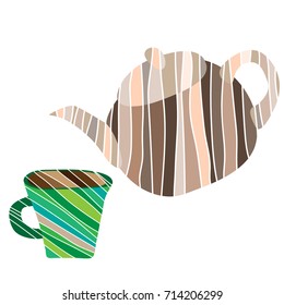 Teacup and teapot. Vector design. Poster for cafe. Isolated objects. Five o'clock utensil