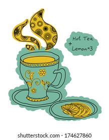 Teacup with three lemons. Vector vintage background