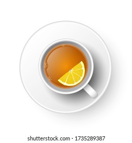 A teacup top view isolated on white background. Realistic vector. 3d model cup of hot drink black tea with lemon, saucer. Vector illustration for web, design, menu, app