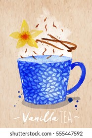 Teacup with vanilla tea, vanilla flower drawing on kraft paper background