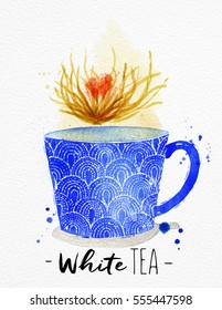 Teacup with white tea drawing on watercolor paper background