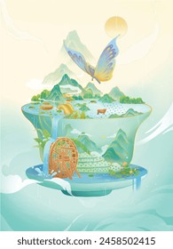 Teacup world has a big butterfly illustration poster