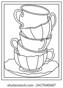 Teacups drawing page, line vector 