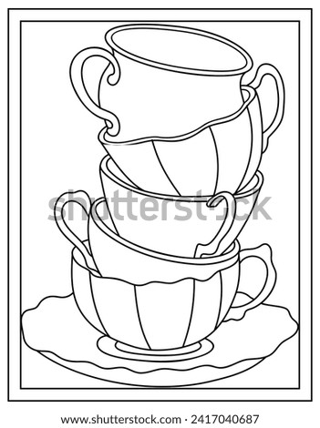 Teacups drawing page, line vector 