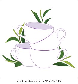 Teacups and fresh tea leaves. Botanical style vector illustration.