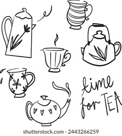 teacups, kettle, teapot vector illustrations and doodles