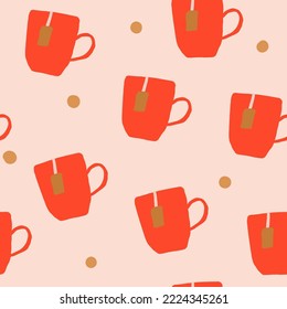 Teacups, mugs vector seamless pattern on light pink background. Autumn lifestyle pattern with cups of tea.