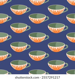 Teacups seamless repeat pattern in flat style. Perfect for fabric, gift wrap, wallpaper or project with a fun and vibrant theme.