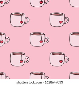 Teacups seamless repeat pattern. Valentine's day seamless repeat pattern. Cute vector pink cups on a pink background.