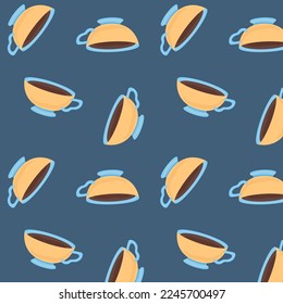 Teacups seamless repeat pattern. Yellow mug with tea seamless pattern.