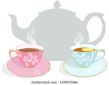 Teacups and teapot, tea party invitation