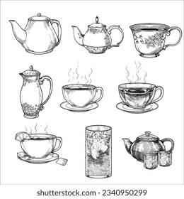 Teacups, teapots, glass mugs. Vintage vector engraving illustration. Hand drawn design element isolated on white background.