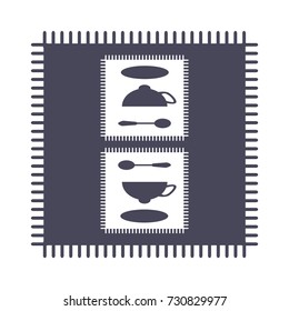 Teacups, teaspoons and saucers on the tablecloth. Vector silhouette. Logo, emblem for cafe, menu