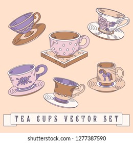Teacups vector set. Handmade drawing vector illustration. Retro style.