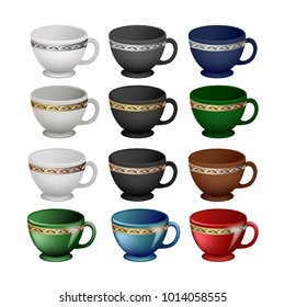 Teacups, white, black, red, green, brown and gold, silver and bronze rim, matte and glossy shiny isolated on a transparent background. Vector illustration