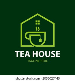 Teahouse logo template design. home line design and a cup of tea. Vector line art icon template