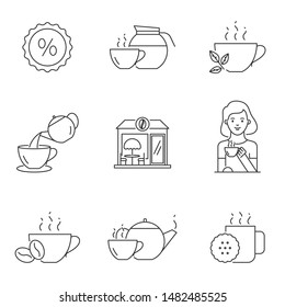 Teahouse, tea shop, cafe outline vector set