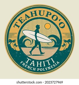 Teahupoo, Tahiti, French Polynesia - surfer sticker, stamp or sign design