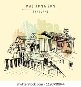 Teak house and veranda in Mae Hong Son, Thailand, Southeast Asia. Traditional Northern Thai wooden houses. Travel sketch. Vintage artistic postcard, poster, book illustration in vector