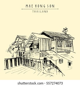 Teak house and veranda in Mae Hong Son, Thailand, Southeast Asia. Traditional Northern Thai wooden houses. Travel sketch. Vintage artistic postcard, poster, book illustration in vector