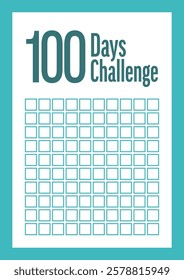 A teal 100 days challenge tracker with 100 squaress for marking progress. This motivational tool encourages daily goals and accomplishments over a 100-day period.