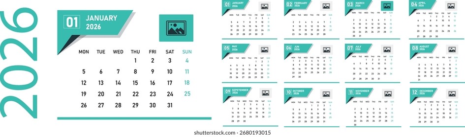 Teal 2026 calendar template isolated on white background, monthly layout with photo placeholder