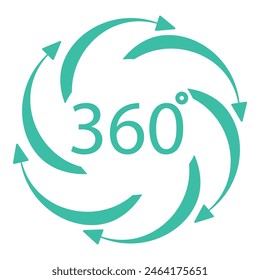 Teal 360 degree symbol with circular arrows, illustrating panoramic rotation or viewpoint concept
