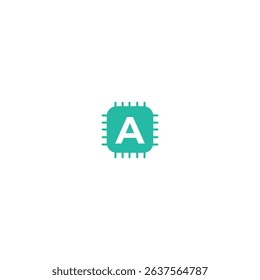 Teal AI microchip vector icon with the letter A, representing smart processors, deep learning, and computing power. Best for hardware, AI platforms, or tech company branding.