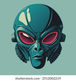 Teal alien head with red eyes, robotic alien face with red optics