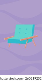 Teal Armchair Graphic: Modern Vector Design on Lavender. This graphic shows a stylish armchair with teal cushion and wood arms, set against a lavender backdrop for interior design use.