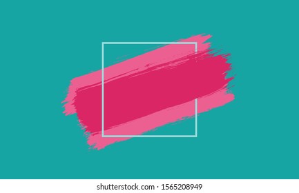 Teal background with pink paint strokes and square box with copy space for text