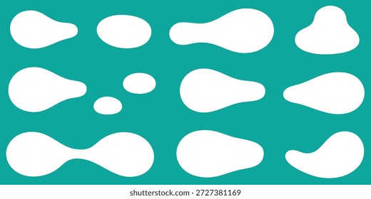 Teal background with white abstract shapes in various sizes and irregular forms