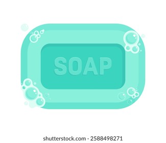 Teal bar of soap with foam and bubbles. Cleanliness, hygiene, and personal care concept. Flat vector illustration isolated on white background