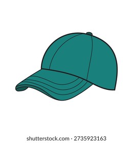 A teal baseball cap, a common accessory for casual wear, featuring a curved brim and stitched panels