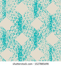 Teal and Beige Vector seamless check pattern. Allover pattern. Ink grunge grid. Hand drawn seamless check pattern. Graphic background with ethnic tartan. Seamless check pattern background.