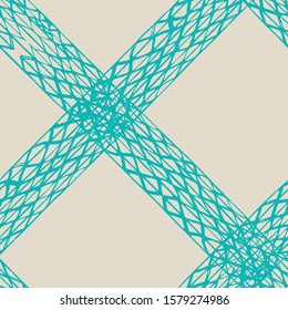 Teal and Beige Vector seamless check pattern. Allover pattern. Ink grunge grid. Hand drawn seamless check pattern. Graphic background with ethnic tartan. Seamless check pattern background.