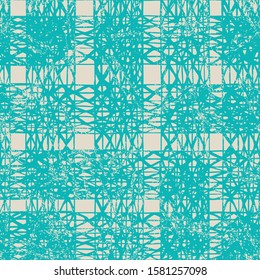 Teal and Beige Vector seamless check pattern. Allover pattern. Ink grunge grid. Hand drawn seamless check pattern. Graphic background with ethnic tartan. Seamless check pattern background.