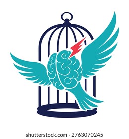 Teal bird with brain and lightning bolt flying out of cage
