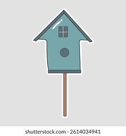 Teal Birdhouse Vector Sticker. A lovely vector sticker of a teal birdhouse with a square window and circular entrance, mounted on a wooden post—perfect for outdoor designs