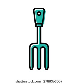 Teal and black garden fork icon with three tines gardening cultivator