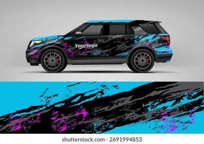 Teal and black livery SUV wrap design with grunge textures. Provided in editable vector EPS format.