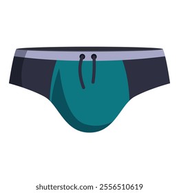 Teal and black swim briefs with a drawstring closure, representing summer fashion and beachwear